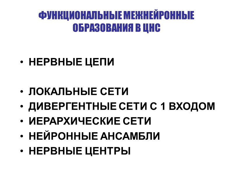 ФУНКЦИОНАЛЬНЫЕ МЕЖНЕЙРОННЫЕ ОБРАЗОВАНИЯ В ЦНС НЕРВНЫЕ ЦЕПИ  ЛОКАЛЬНЫЕ СЕТИ ДИВЕРГЕНТНЫЕ СЕТИ С 1